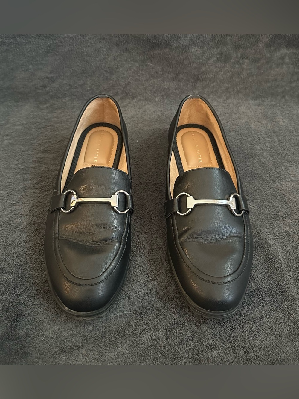 Black Faux Leather Loafers with Silver Buckle Detail